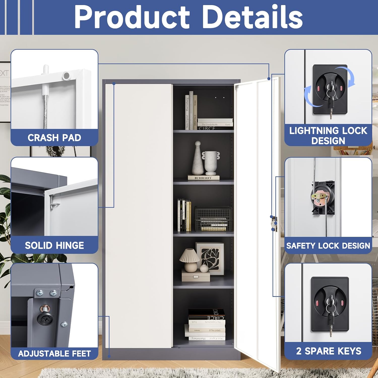 Metal Storage Cabinet with 2 Doors and 4 Adjustable Shelves, 71" Steel Garage Storage Cabinet, Locking Tool Cabinets for Office, Home,School,Kitchen,Garage Tool Utility Cabinet