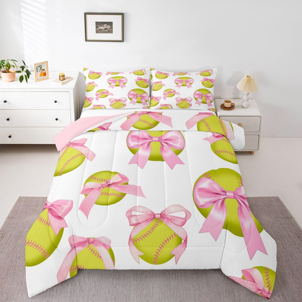 Cute Softball Comforter Set Queen Size,Pink Bowknot Print Bedding Sets 3Pcs for Kids Girls Boys Women Room Decor,Ball Sports Gaming Quilted Duvet Softball Player Down Comforter,2 Pillowcases