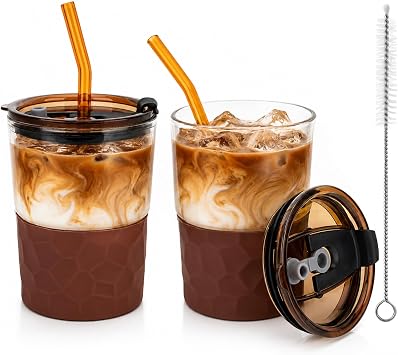 13oz Glass Cups with Lids and Straws Iced Coffee Tumbler-2 Packs | Thick-Walled Reusable Leak Proof to Go Cups with Silicone Sleeve, Clear Travel Mugs for Matcha, Tea, Smoothie Coffee Brown