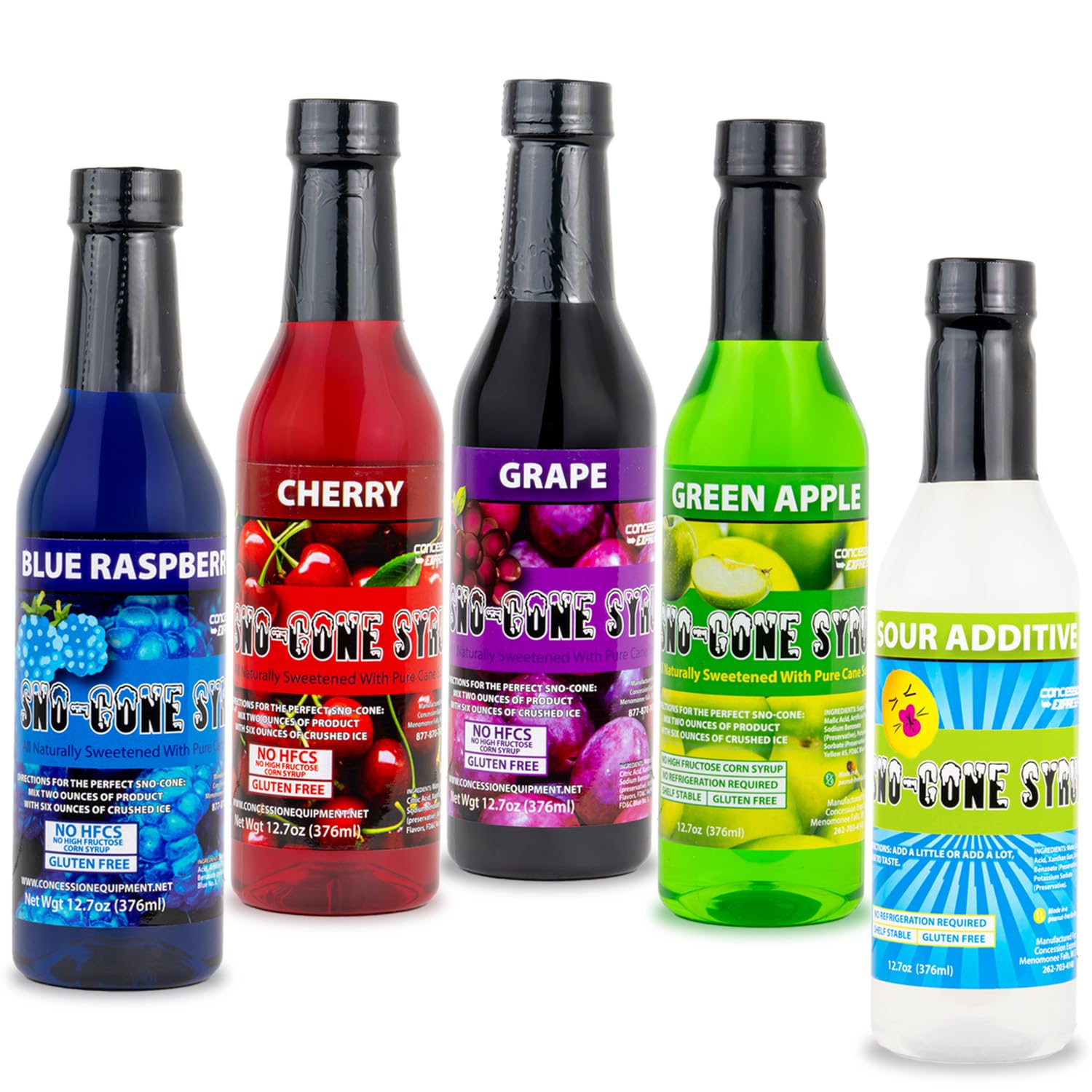 Concession Express® Pure Cane Sugar Sno-Cone Syrup Variety Pack (6 Flavors, 12.7 oz Each) – Blue Raspberry, Cherry, Cotton Candy, Grape, Lemon-Lime & Tiger’s Blood – No High Fructose Corn Syrup – Perfect for Shaved Ice & Snow Cones