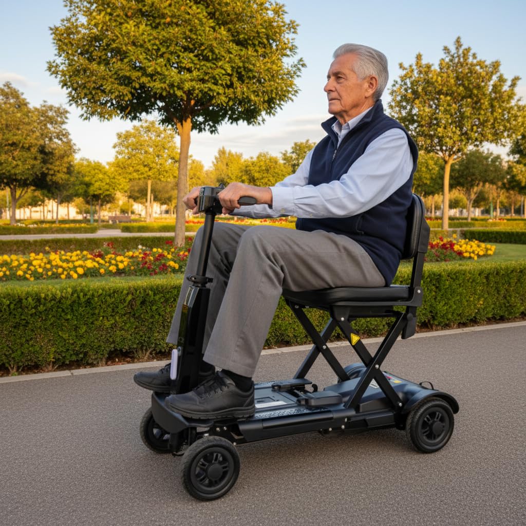 PEPE Mobility Scooter Eléctrico Plegable, Batería 10Ah, 4 Ruedas, Negro | Autonomía de 10 a 15 km, Litio Extraíble de 24V con 2 Llaves, Manillar Regulable, Asiento Acolchado, Luz LED y Claxon