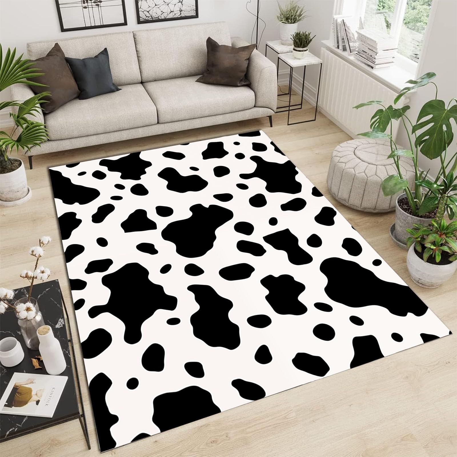 Tapis poils courts lavable 150x210 cm noir imprimé vache antidérapant pour salon et chambre