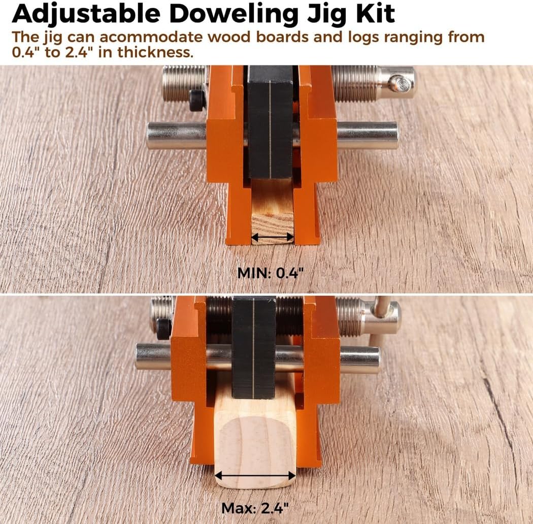 Precision Doweling Jig Kit with 6 Thread Bushings, Adjustable Guide Tool, Self-Centering Locator for Wood Straight Hole Drilling