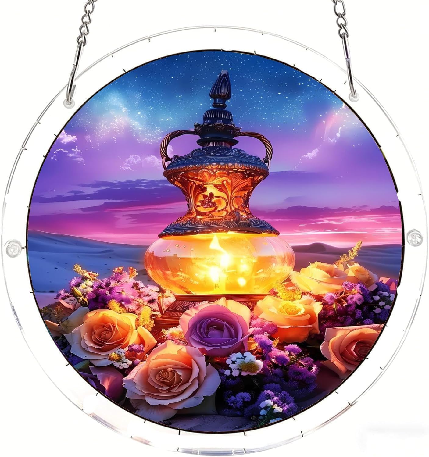 Lantern Surrounded by Flowers in The Desert Acrylic Jigsaw Puzzles Suncatcher, 8.9 Inch Window Hanging Suncatcher Acrylic Puzzle, DIY Home Decor Art Gift
