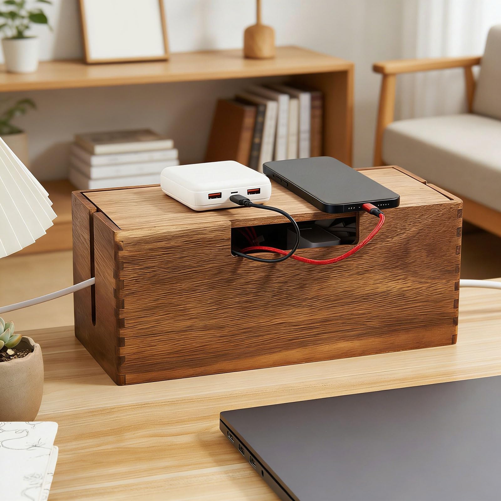Scatola di gestione dei cavi in legno di alta qualità per scrivania organizzata, uffici ed elettronica domestica, con coperchio, organizer per cavi in legno