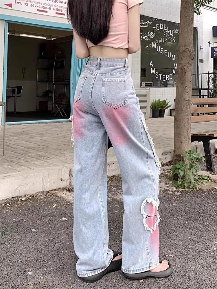 Y2K Baggy Ripped Jeans for Women – Wide Leg Butterfly Print & Star Patch Distressed Denim Pants High Waist Streetwear - Image 7