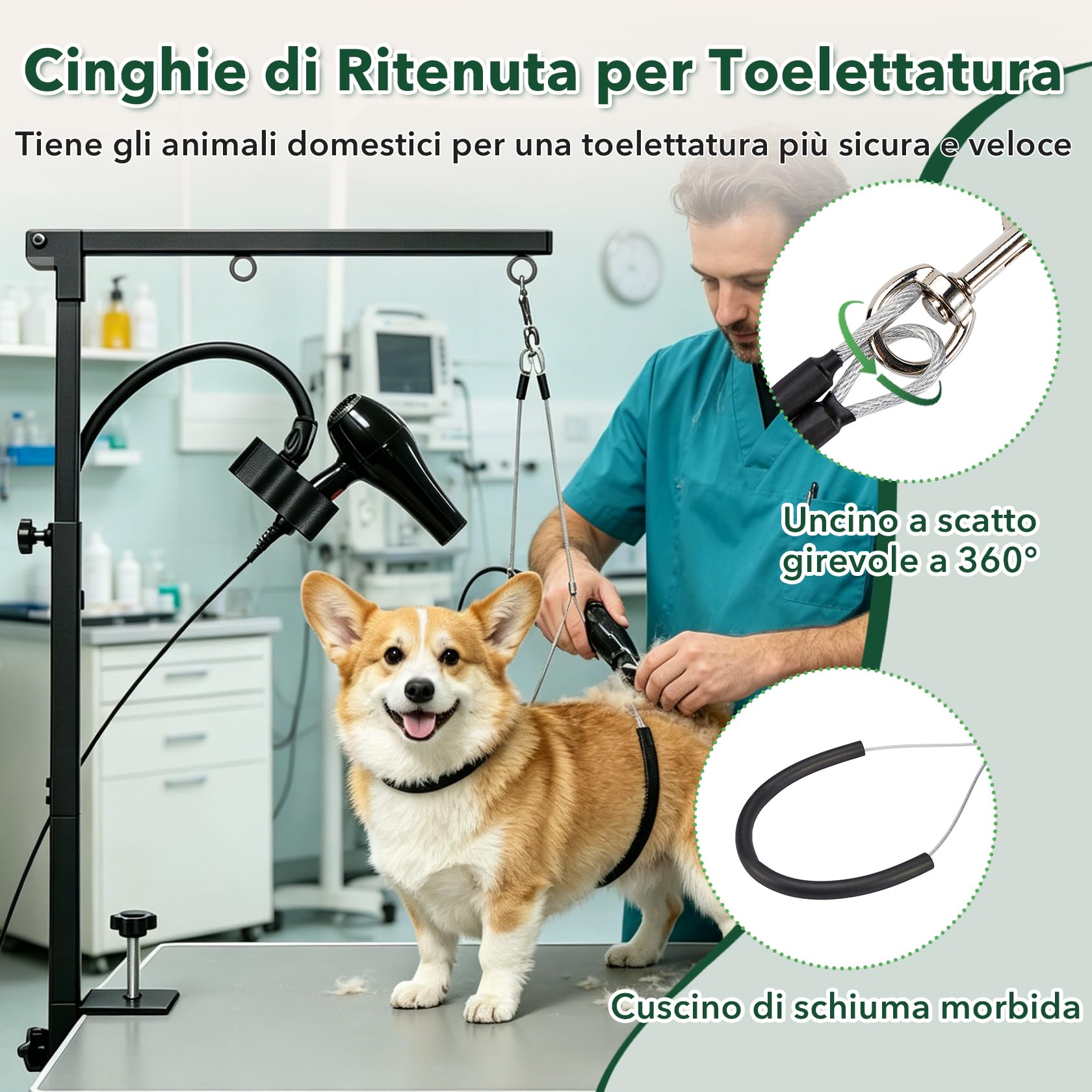 Pindex Braccio per Toelettatura Pieghevole con Morsetto, 29,13" – 40,94" (74–104 cm), con Supporto Asciugacapelli e Due Supporti Anti-Seduta per Cani Piccoli e Medi
