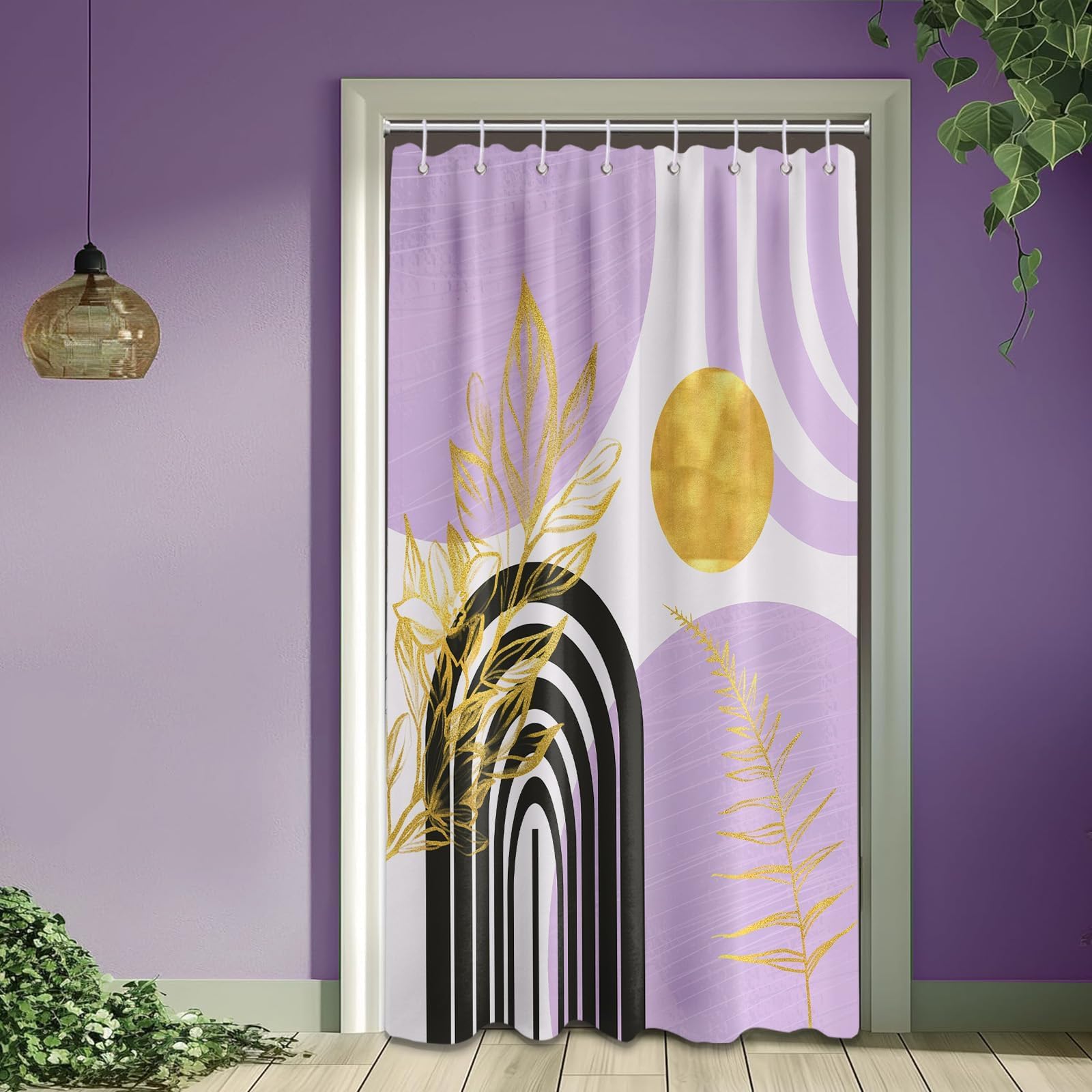 QGHOT Boho Mid Century Modern Shower Curtain Black and Purple Shower Curtains for Bathroom Decor Lavender Light Purple and Gold Leaves Bath Curtain Set, Waterproof Fabric with Hooks, 48" W x 72" L