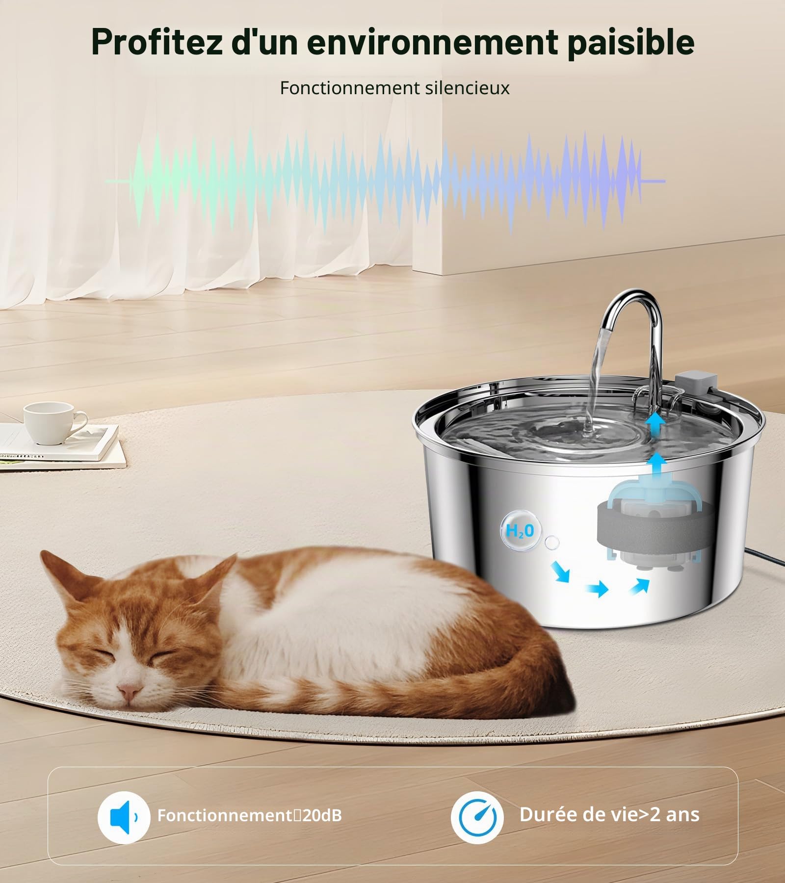 TOMXCUTE Fontaine à Eau pour Chat 3,2 L INOX avec Robinet Silencieux | Filtration efficace pour une eau propre et fraîche, idéale pour chats et petits chiens au quotidien