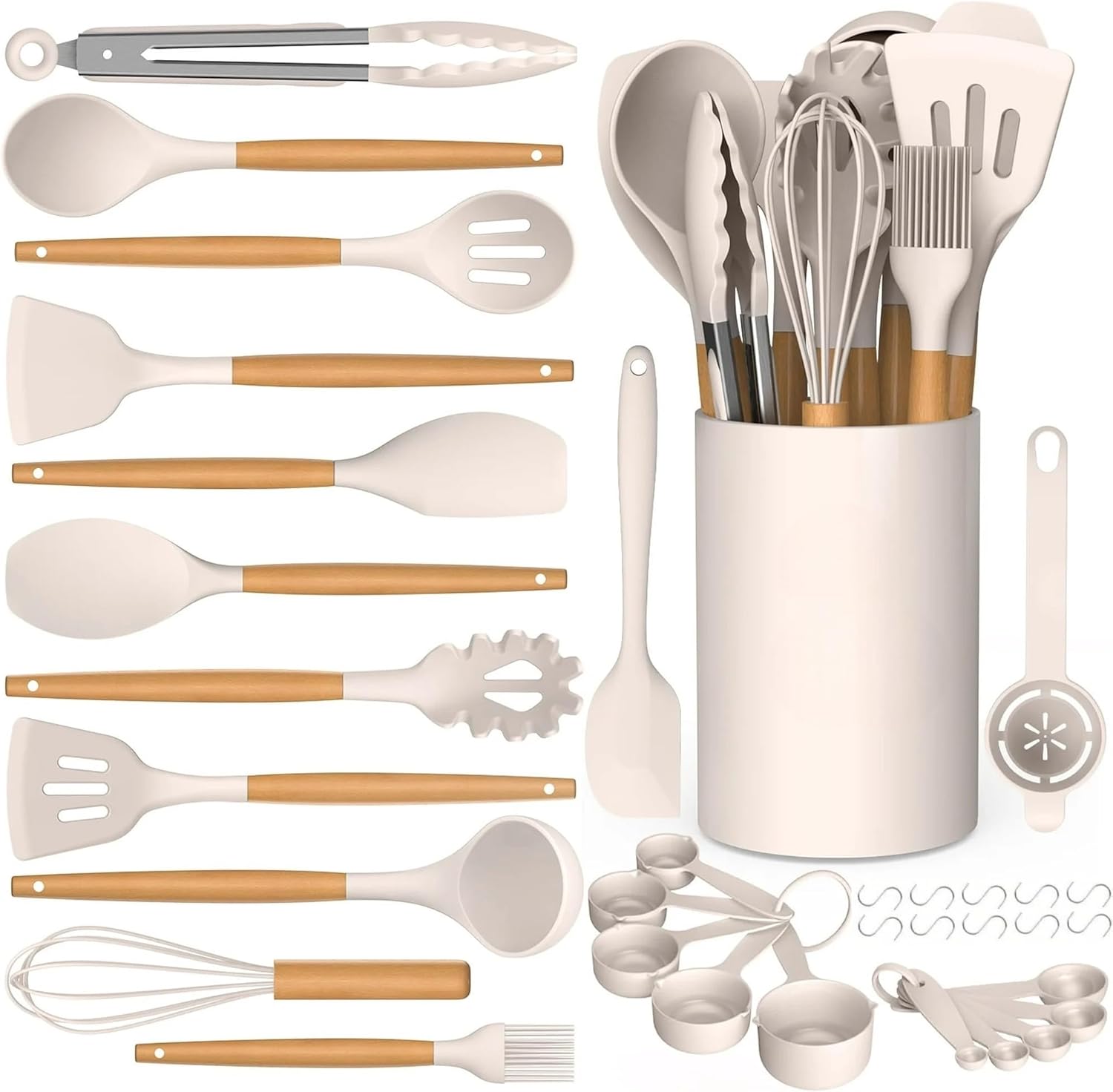 Silicone Cooking Utensils Set – Silicone Kitchen Utensils for Cooking Wooden Handles, 446°F Heat Resistant Kitchen Utensil Spatula Sets w Holder, Gadgets for Non-Stick Cookware BPA FREE (Cream White)
