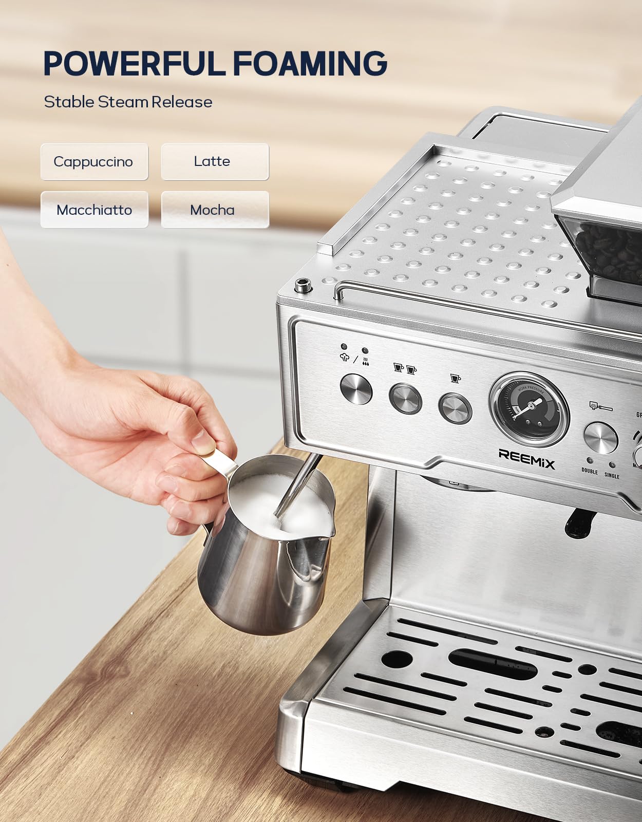 Reemix Machine à Expresso avec Porte-Filtre, Machine à Café 20 Bars avec Moulin Intégré et Mousseur à Lait, 1350 W, Réservoir de 2,8 l, Acier Inoxydable/Argenté, Kit Barista (54 mm Porte-Filtre)