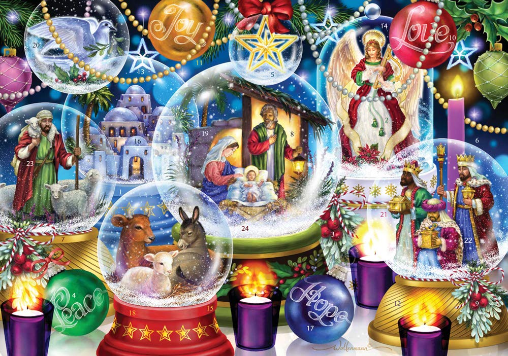 Nativity Snow Globes Advent Calendar (Countdown to Christmas) with Bible Text Nativity Story by Vermont Christmas Company