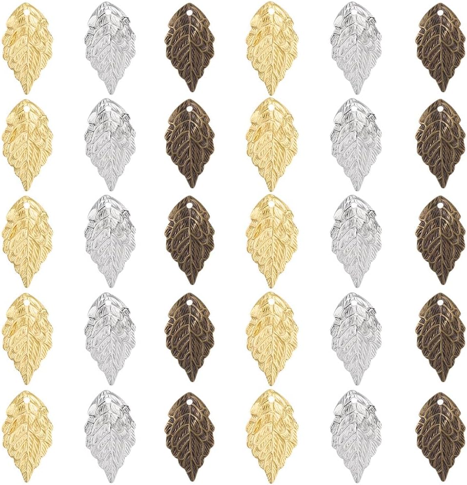 SUNNYCLUE 1 Box 90Pcs 3 Colors Brass Leaf Charms Leaves Charm Bulk Tiny Metal Gold Silver Bronze Oak Tree Plant Pendants for Jewelry Making Findings Crafting DIY Bracelets Necklace Earrings Women
