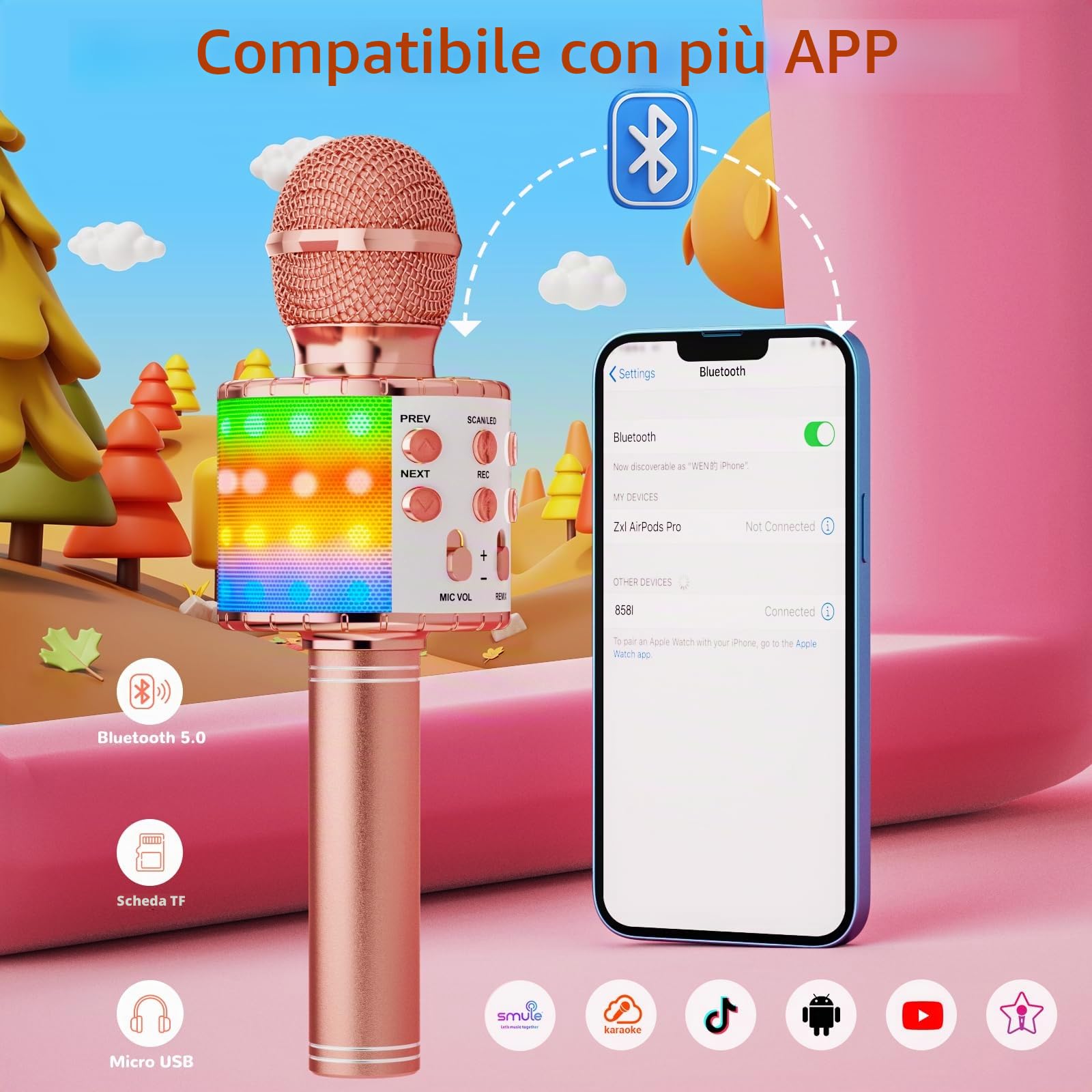 Ankuka Microfono Karaoke Bluetooth Wireless per Bambini 3-12 Anni Cambia Voce, Compatibile Android iOS PC Oro Rosa