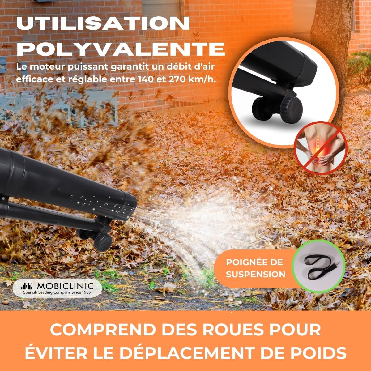 Mobiclinic®, Souffleur Feuille, Aspirateur Broyeur de Feuilles, 900w, 6 Vitesses, 3 en 1, Léger, 35l, Module d'extension, Vitesse Soufflage 270 km/h, pour Le Jardin, 220v, Bandoulière, Mobiclean