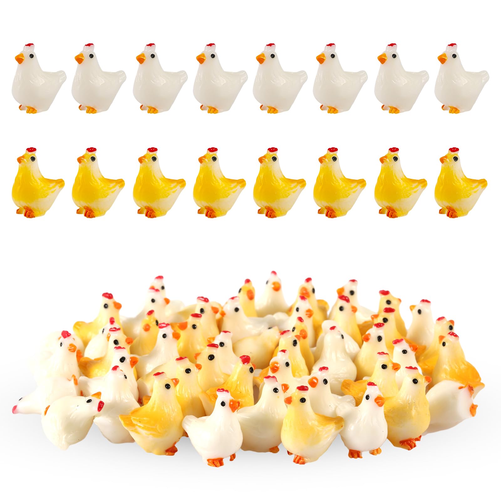 PEUTIER 30pcs Miniature Resin Chickens, Mini Resin Chickens Tiny Chicken Ornaments Decor for Garden Landscape Home Decoration & Party Cake Headbands DIY (15 Yellow & 15 White)