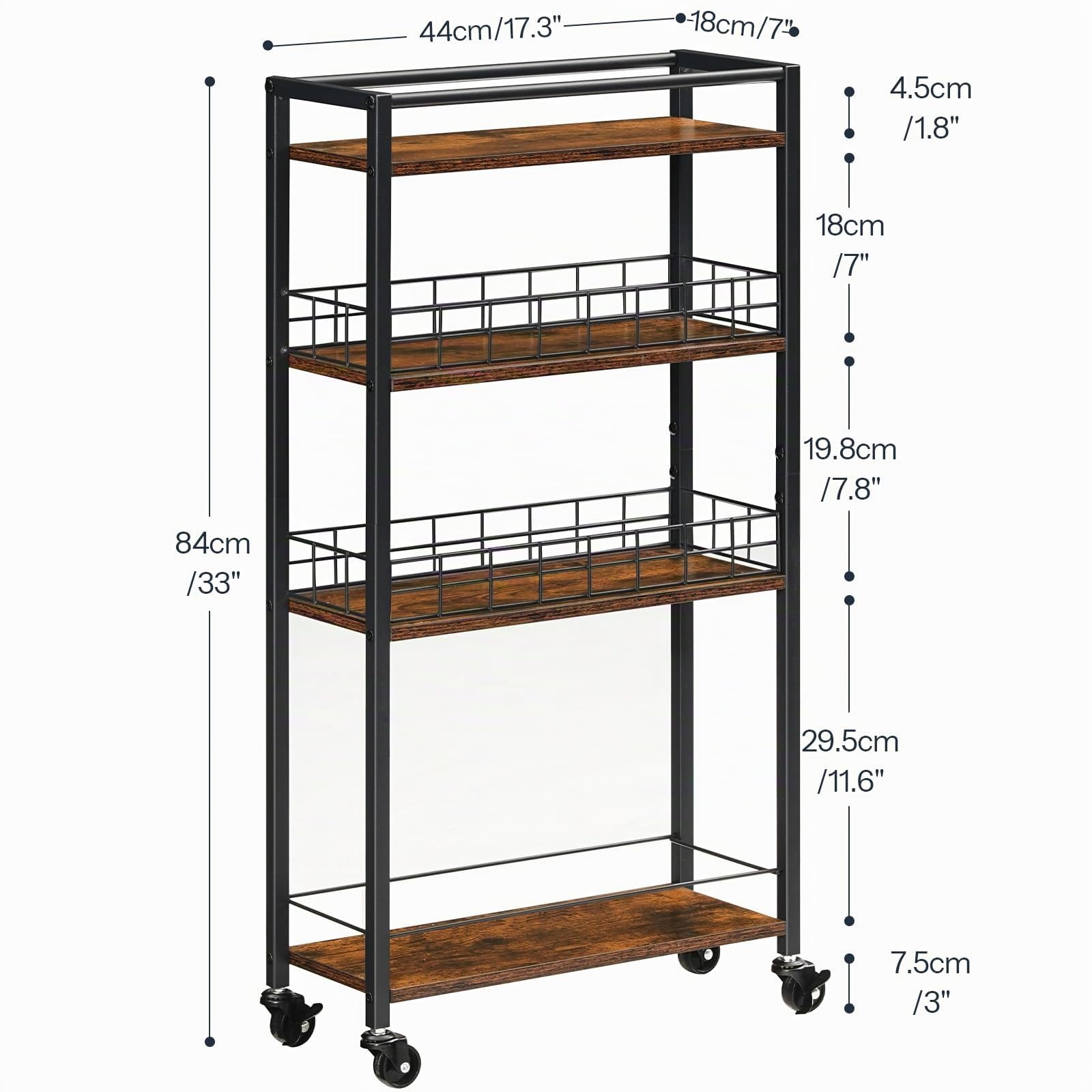 HOOBRO Carrello da Cucina a 4 Ripiani, Carrello di Servizio Stretto e Multifunzione, con Ruote e Cestelli in Rete, per Cucina, Bagno, Sala da Pranzo, Lavanderia, Marrone Vintage e Nero EBF17TC01