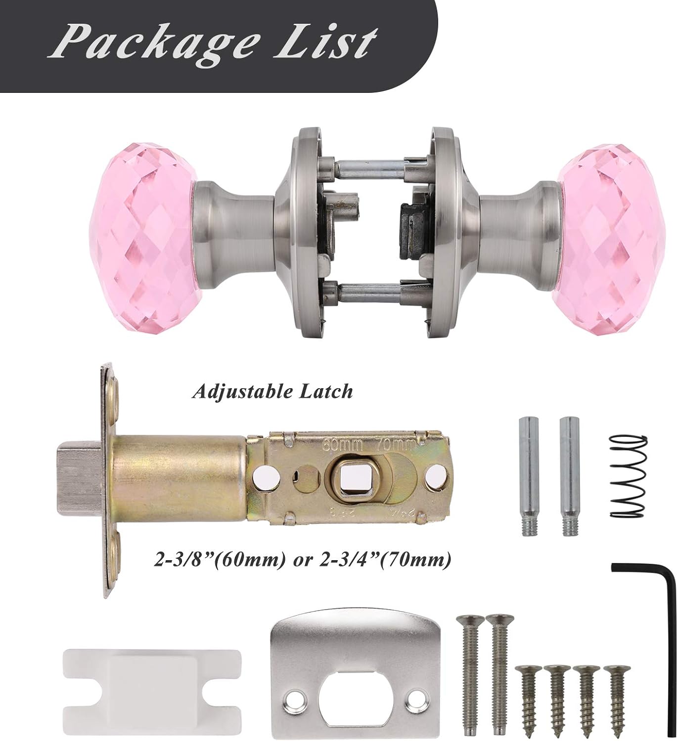 Probrico Non-Locking Door Handles Interior for Hallway and Closet 5 Pack, Crystal Door knobs Passage in Round Faceted Diamond Shape, Heavy Duty Pink Glass Door Knob with Brushed Nickel Round Rosette