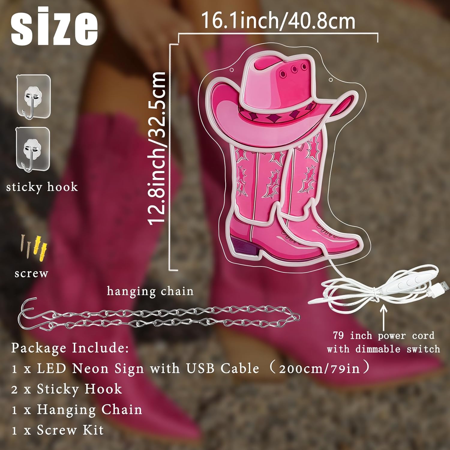 Pink Cowboy Boot Neon Sign 16.2"x12.3"LED Western Cowgirl Print Boot and Hat Neon Light for Wall Decor Dimmable Pink Light Up Sign for Girls Boys Bedroom Game Room Bar Ideal Present for Party Birthday Christmas Rodeo Western Enthusiasts