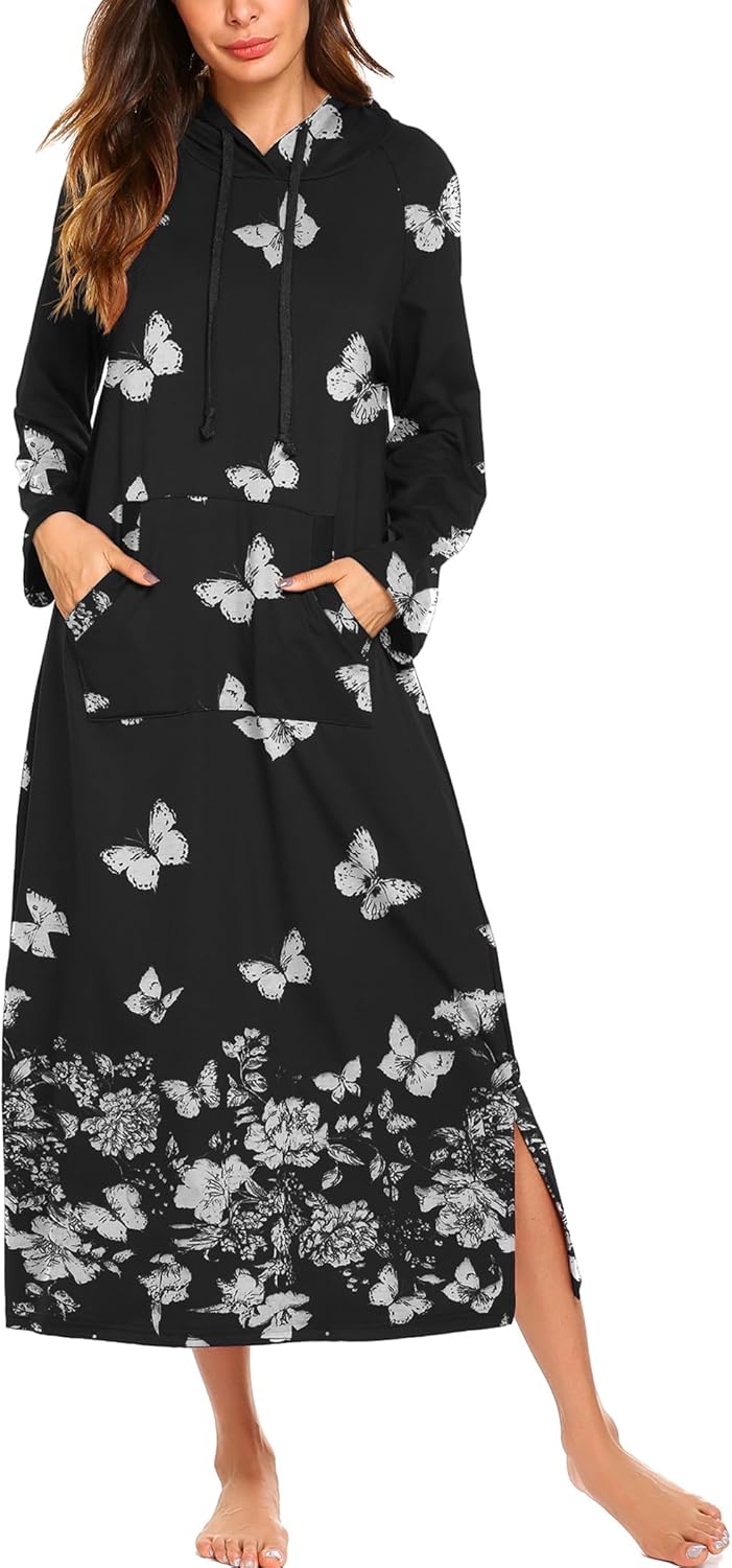 Ekouaer Sleepwear Women Long Sleeve Hooded Nightgown Contrast Color Full Length Loungewear with Pocket,Black Butterfly,L