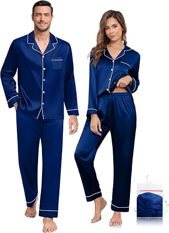 Mens Pajama Set Long Sleeve Satin Silky Sleepwear Classic Button Down Loungewear Pjs Set for Men, Navy Blue-XXL