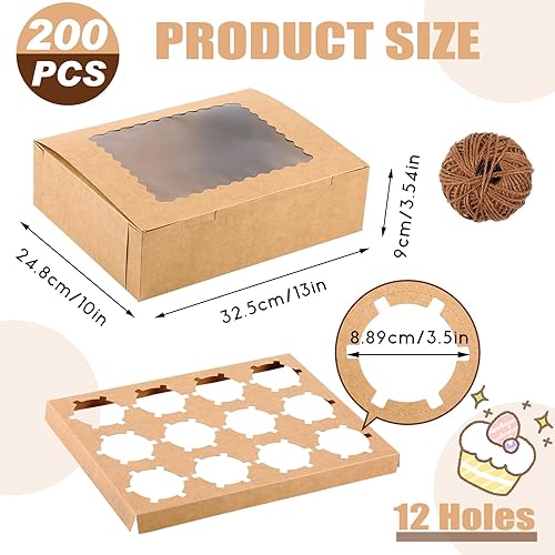 Miniatura 2 de 200 cajas para cupcakes a granel, 12 contenedores para cupcakes, cajas de panadería a granel con ventana e insertos, soportes para cupcakes con 1