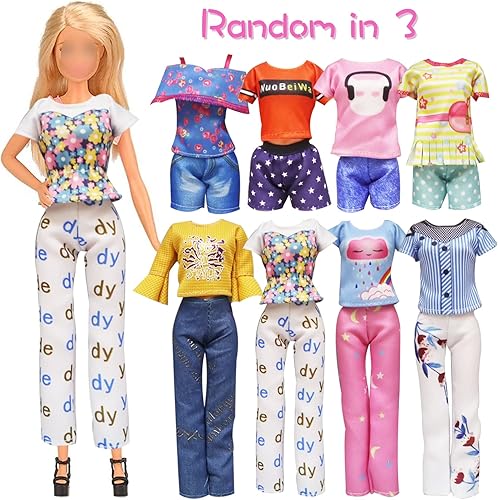 Miniatura 5 de 20 piezas de ropa de muñeca y accesorios para Barbie hechos a mano con 3 lentejuelas, 4 vestidos de moda, 3 tops y pantalones, trajes casuales, 10