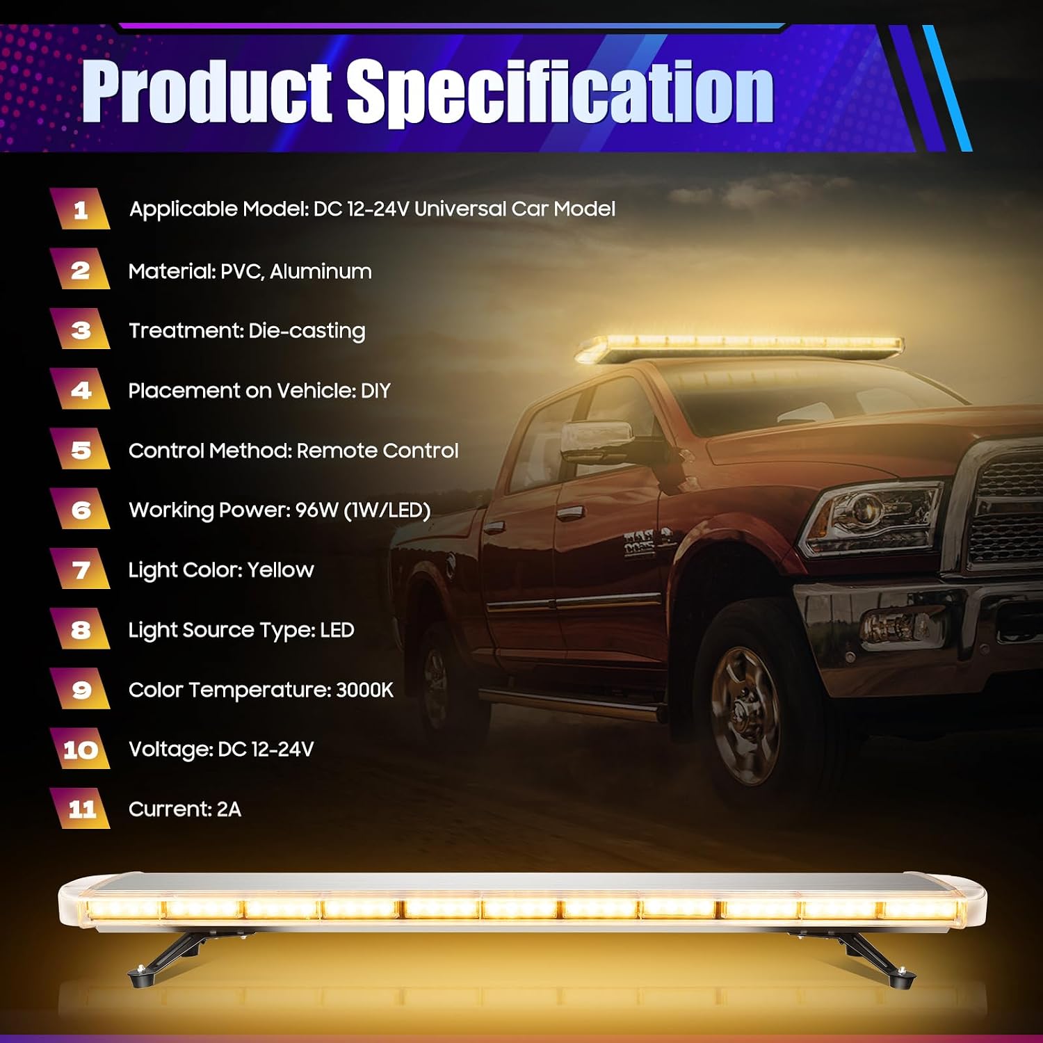 96 LED Roof Top Strobe Lights, High Visibility Emergency Safety Warning Led Strobe Light Bar, Security Flashing Hazard Warning Light for Tow Trucks Construction Traffic Pilot Cars Snowplow