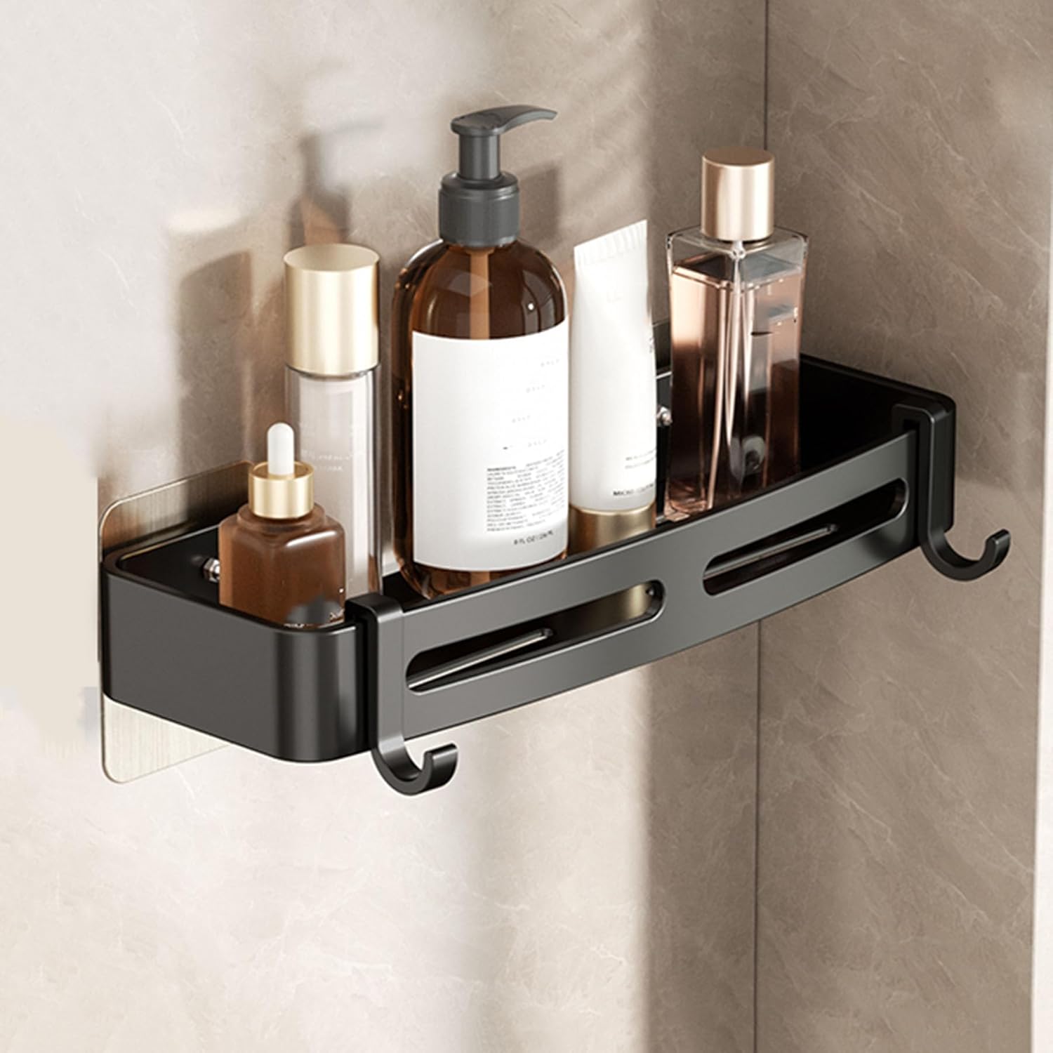 SRURLLUG Shower Caddy Bathroom Shelve Adhesive Shower Caddy Organizer Shelves Rack With Hooks No Drilling Rustproof Wall Mounted