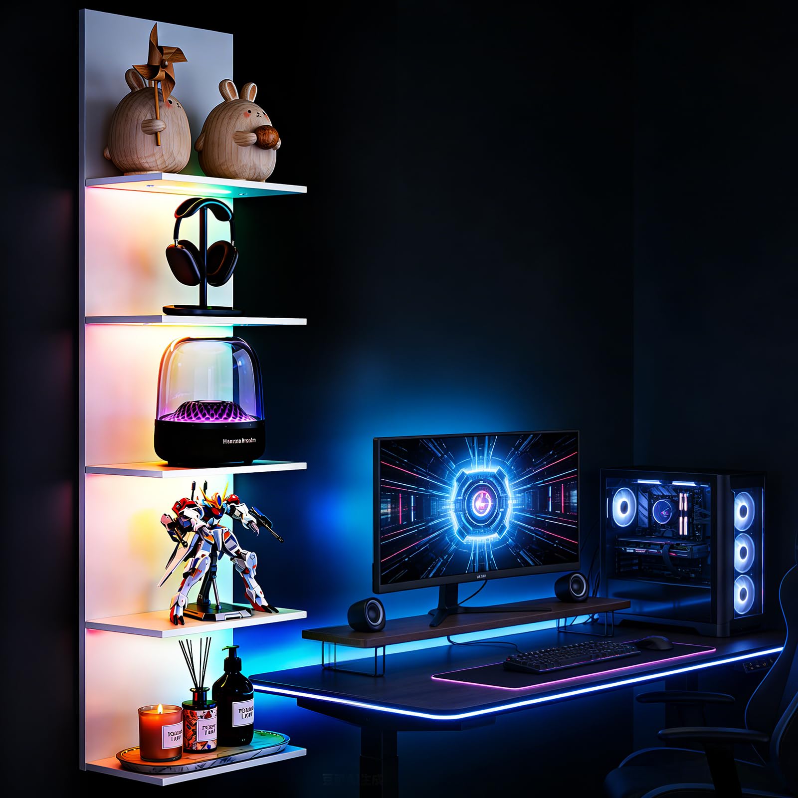 Wandregal mit RGB+IC-Beleuchtung, Bücherregal Wand mit APP & Fernbedienung | Wandregal Weiß 5 Ebenen, Wandregal Schmal Schminktisch Hängend Regal für Schlafzimmer, Wohnzimmer, 30x18x117 cm, Weiß