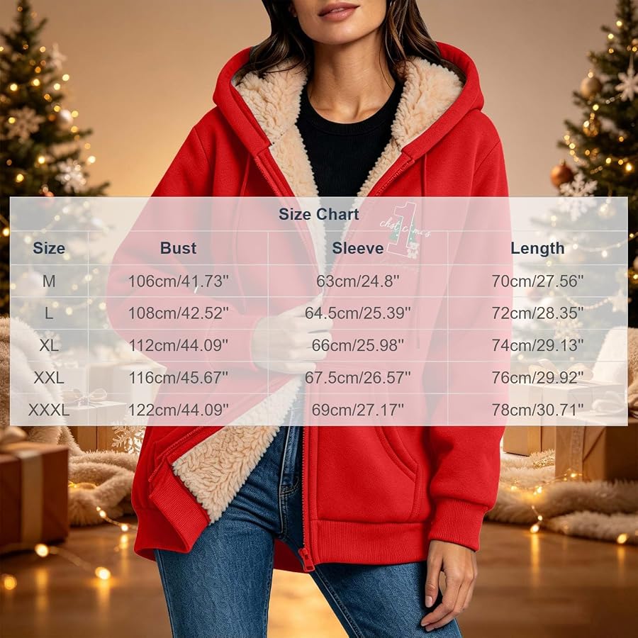 Hoodie Damen Weihnachten Druck Sweatjacke mit Kapuze Fleece Gefüttert Jacke | Guhmomh Rot XL Weihnachtspullover Christmas Zip Sweatshirt mit Kapuze Winter Lustig Tops Teenager Mädchen Oberteile, Bild 4