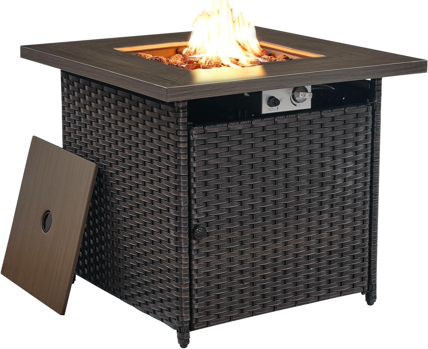 HUMMUH 30" Square Propane Fire Pit Table, 50,000 BTU Outdoor Gas Fire Pit with Lid and Lava Rock 2-in-1 Steel Fire Table for Porch Backyard Deck Balcony - Brown