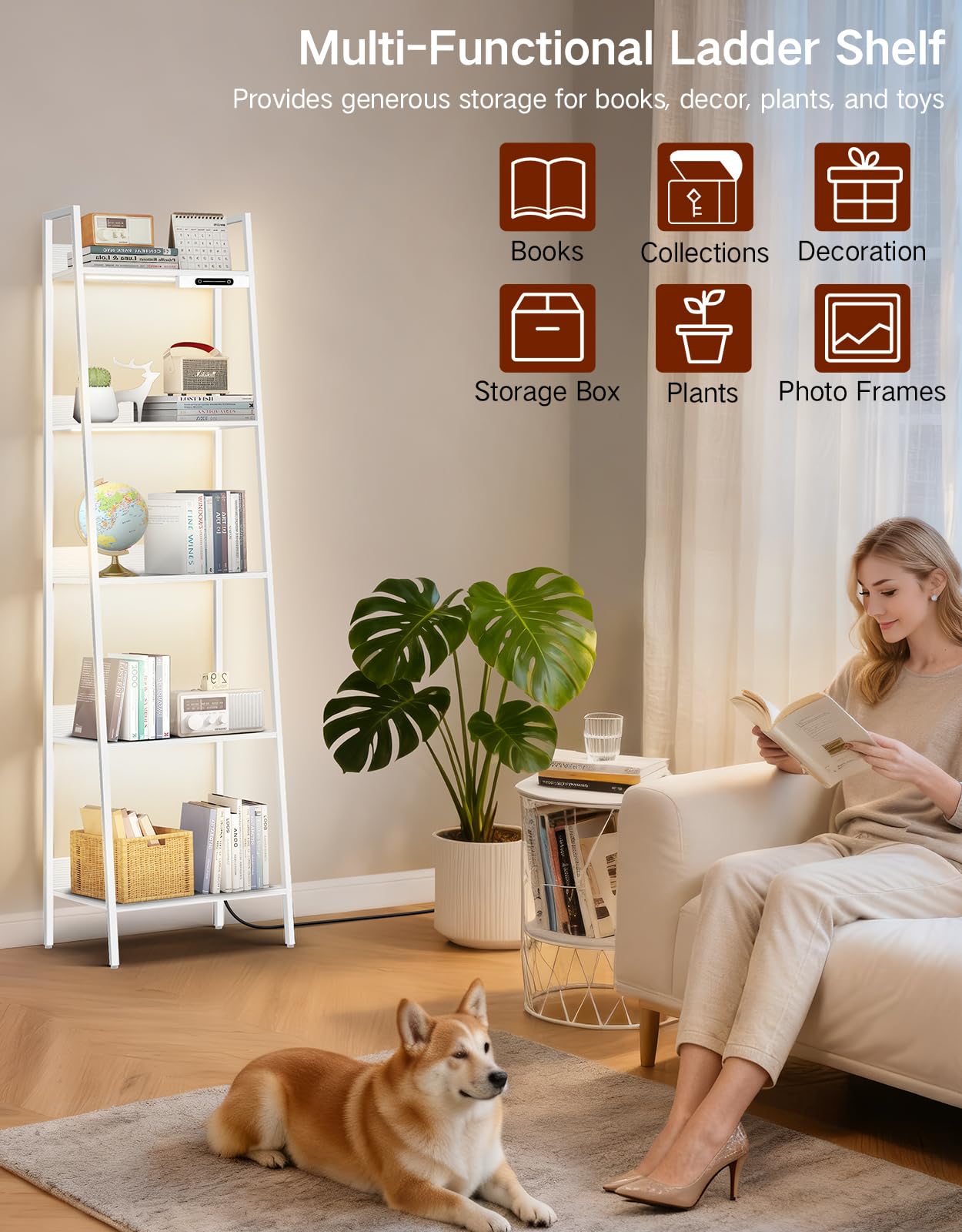 Piccola Libreria a Scala a 5 Ripiani con Luce LED, Touch e Telecomando, 3 Temperature di Colore, Scaffale Angolare Alta Dimmerabile in Metallo e Legno per Soggiorno e Camera da Letto