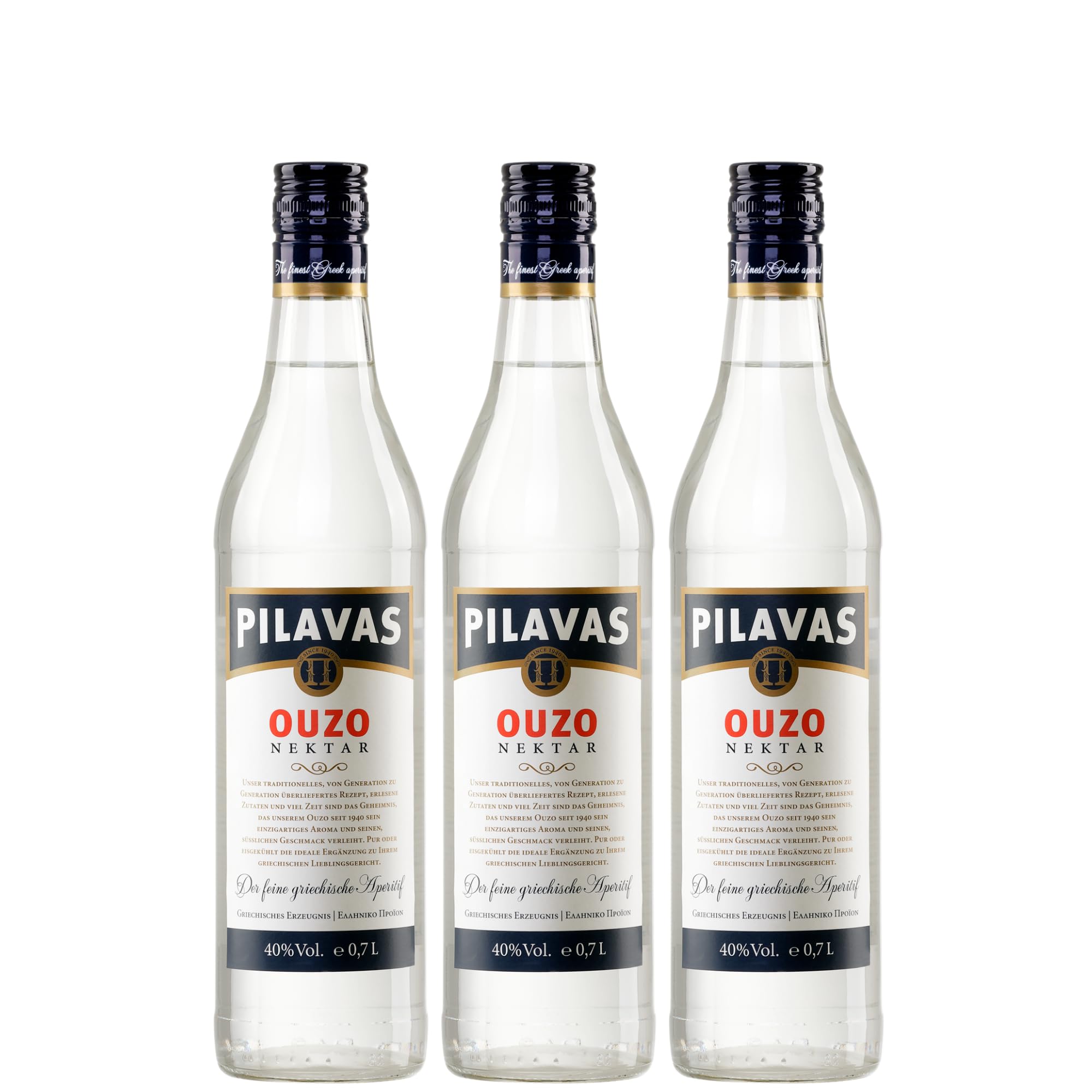 Ouzo Pilavas Nektar 3x 0,7l 40% Vol. | Milder Ouzo aus Patras | + 20ml Jassas Olivenöl