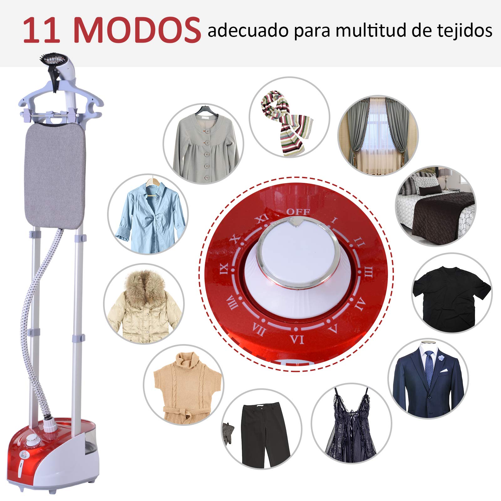 HOMCOM Plancha Vertical Vapor 1950W, Depósito de 2 L, 32g/min, Plancha de Vapor Vertical con Barra Telescópica, Listo en 38s,Colgador de Ropa, Centro de Planchado para Hogar Oficina, Rojo