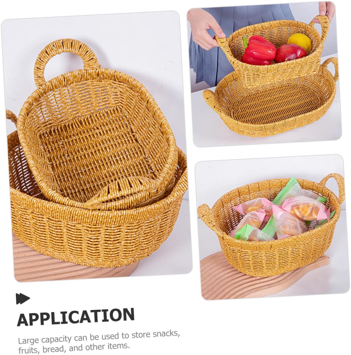 FUOYLOO Oval Large Handwoven Fruit and Bread Basket with Handles, Plastic Imitation Rattan Serving Tray for Kitchen Storage and Outdoor Picnic Use