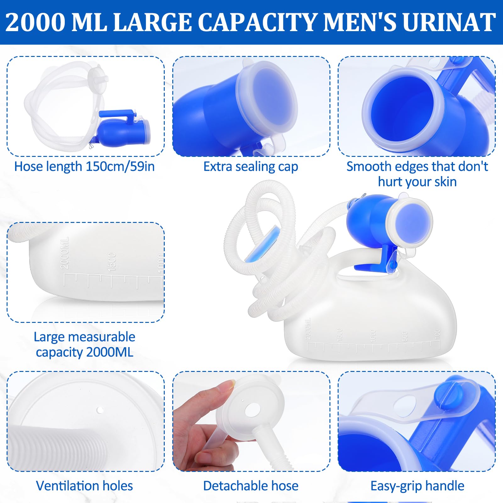 Orinarios portátiles para hombres, botellas de orinal de 2000 ml, botella portátil a prueba de derrames, reutilizable, tubo de 59 pulgadas de largo con tapa para camping, coche, cama de viaje