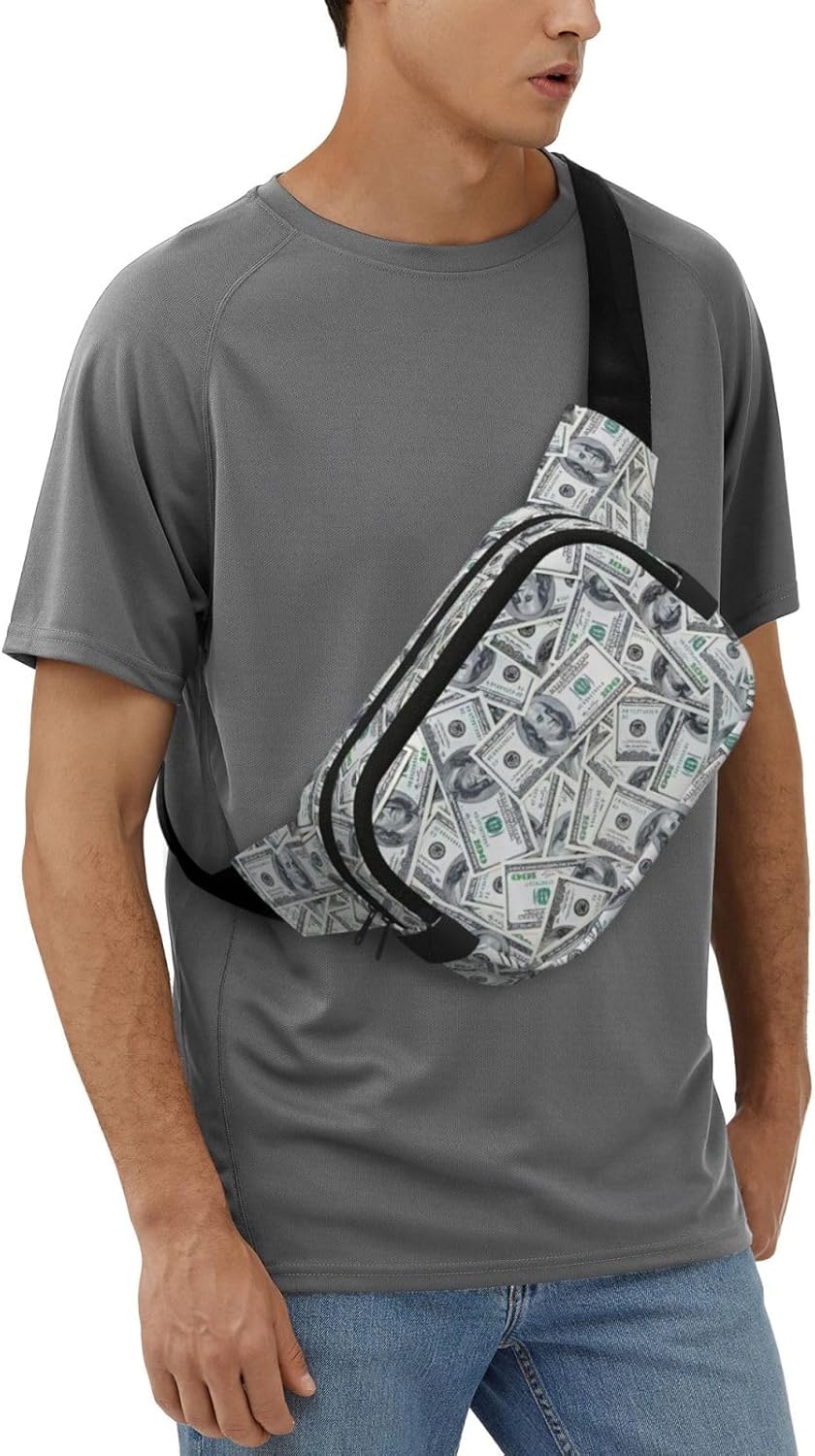 Funny Dollar Money Print Fashion Waist Packs Square Layer Waist Bag Black Belt Bag with Adjustable Strap