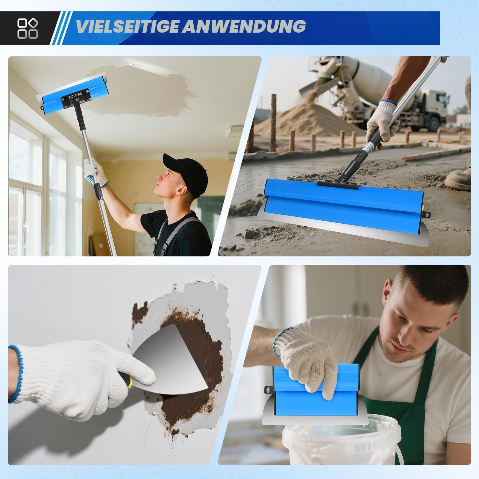 Spatule Enduit Lissage Set, comprenant 5 grattoirs de surface (190 mm demi-lune 250 mm 400 mm 600 mm 800 mm) avec lames de rechange 2 grattoirs à main tige télescopique en aluminium (Bleu)