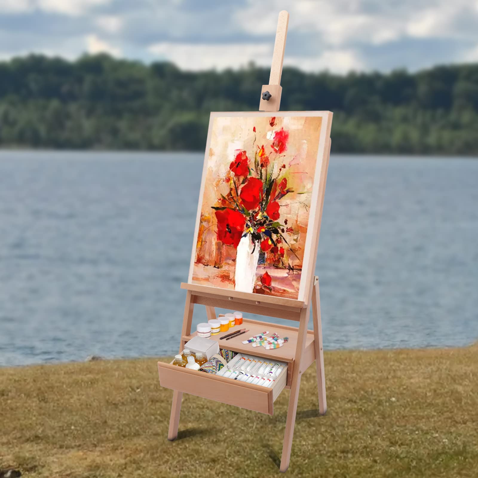 Sztaluga z drewna, duża sztaluga atelierska, sztaluga stojąca, sztaluga drewniana z drewna bukowego, sztaluga malarska, sztaluga polowa, drewniana sztaluga na płótnie