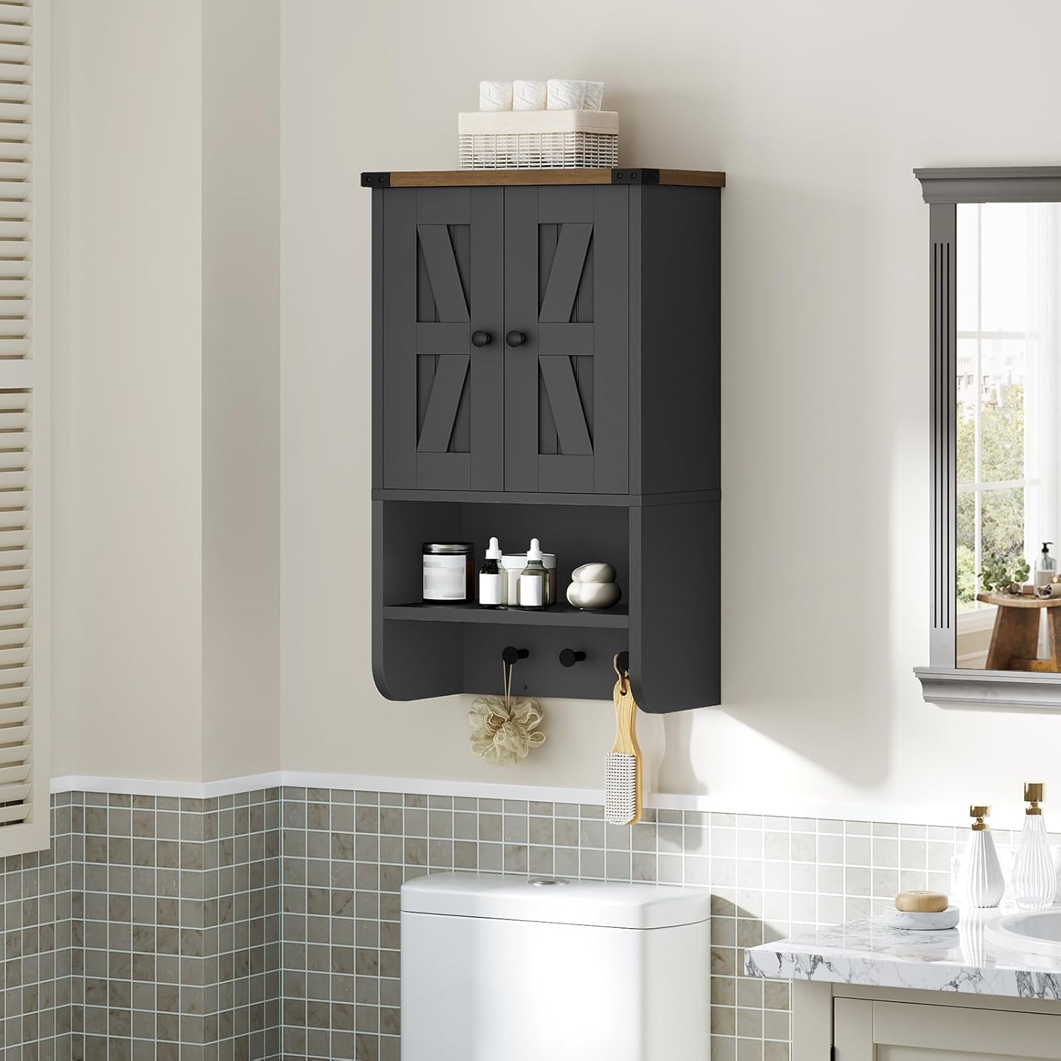 Bathroom Wall Cabinet, Farmhouse Medicine Cabinet with Adjustable Shelf, 3-Tier Wall-Mounted Storage Cabinet with 3 Hooks and Open Shelf, for Bathroom, Living Room, Kitchen, Black and Walnut