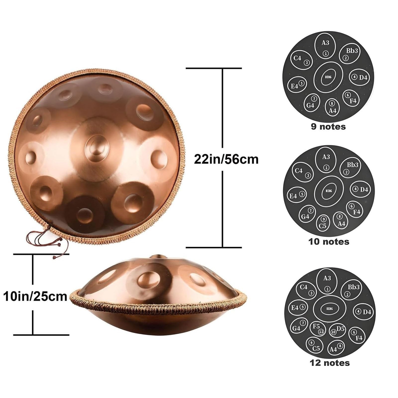432 Hz/440 Hz ręczny bęben, D moll 56 cm instrument perkusyjny ze statywem perkusyjnym, stalowe bębny językowe, zestaw instrumentów stalowych, do medytacji, jogi, uzdrawiania dźwiękiem (B, 12 nut (440