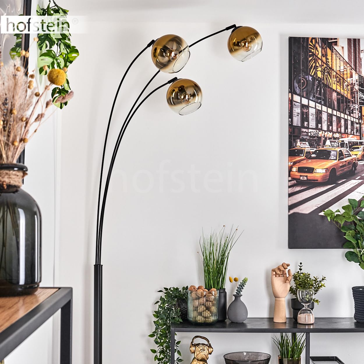 Stehleuchte Koyoto, Stehlampe aus Metall/Glas in Schwarz/Goldfarben/Klar, Leuchte im modernen Retro/Vintage-Design mit Schirmen aus Glas (Ø 15cm) u. Fußschalter, Höhe 210cm, 3 x E14, ohne Leuchtmittel