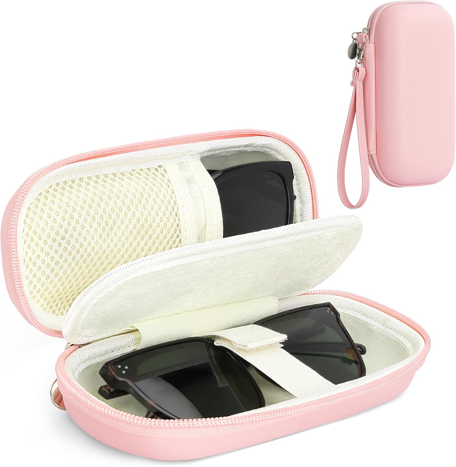Double Glasses Case for Women Men, Dual Eyeglass Travel Organizer with Wristband