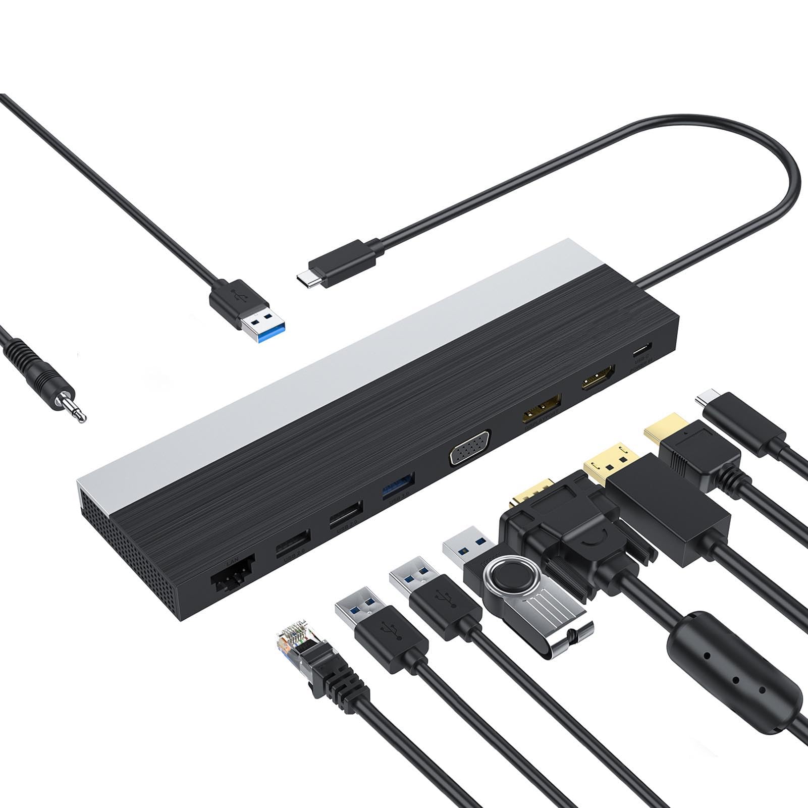 Tosuny USB C Hub, 12 in 1 USB C Multiport Adapter mit 4K@30Hz, DisplayPort, VGA, Gigabit Ethernet, 100W PD, SD/TF Kartensteckplatz, 4 USB Anschlüsse, 3,5 mm Soundbuch