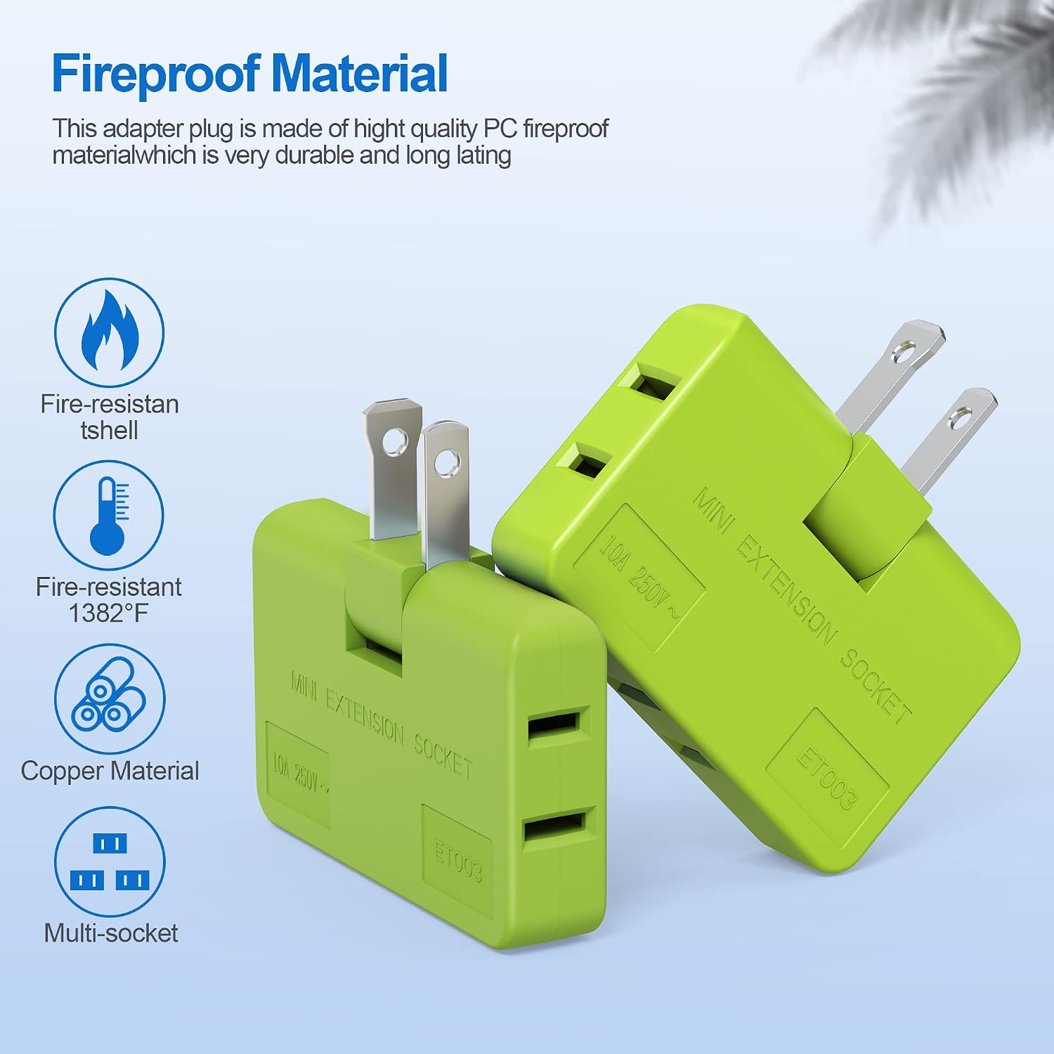 ETwinCoo 3 Way Flat Wall Plug Outlet Extender - 2 Prong Rotatable Socket Mini Plug Adapter(Quick & Space Saving) Perfect for Home, School, Office, Travel, Type A, Green (2 Pack) image 4