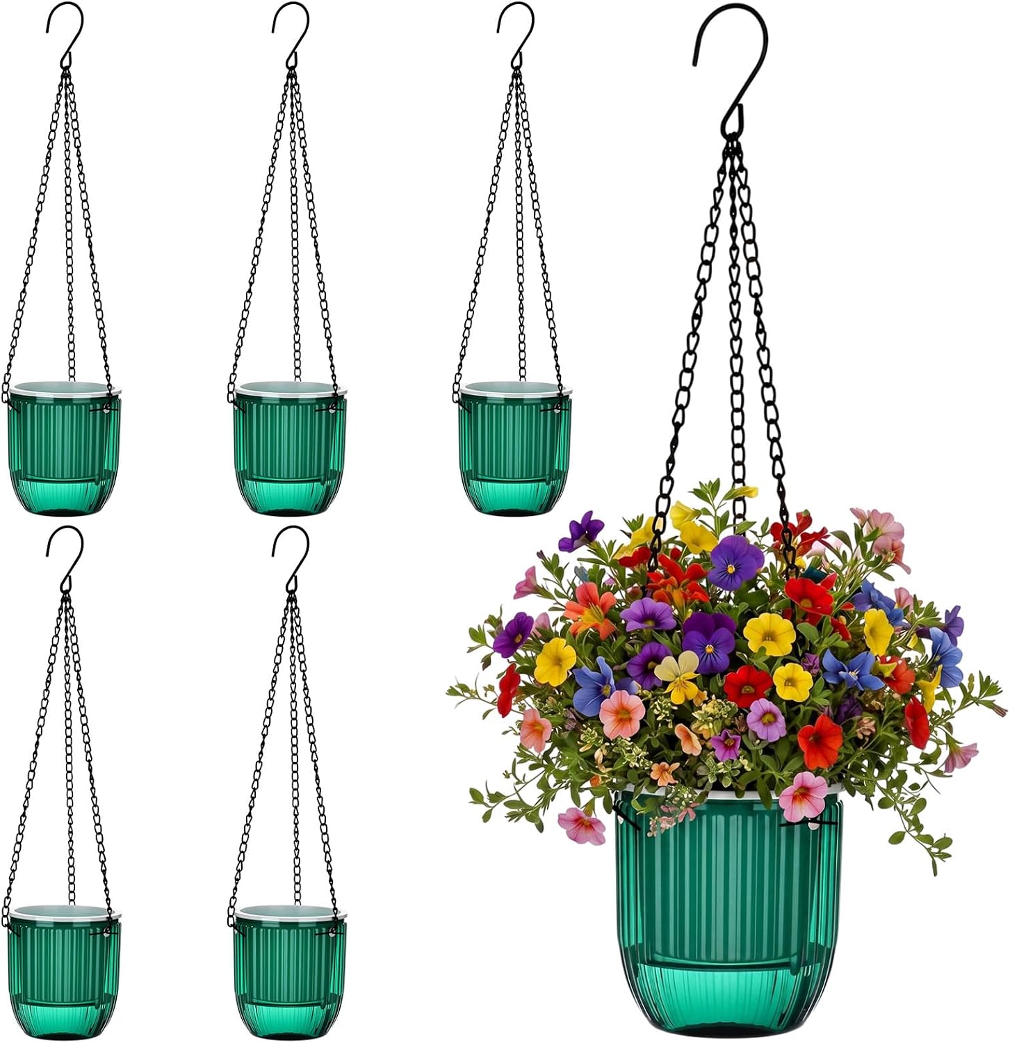 6 Pack Emerald Self Watering Hanging Planters 4.5 Inch Self Watering Hanging Pots with 3 Hooks Drainage Holes PET Flower Pots Baskets for Indoor Outdoor Plants Garden Home Wall Window Decor