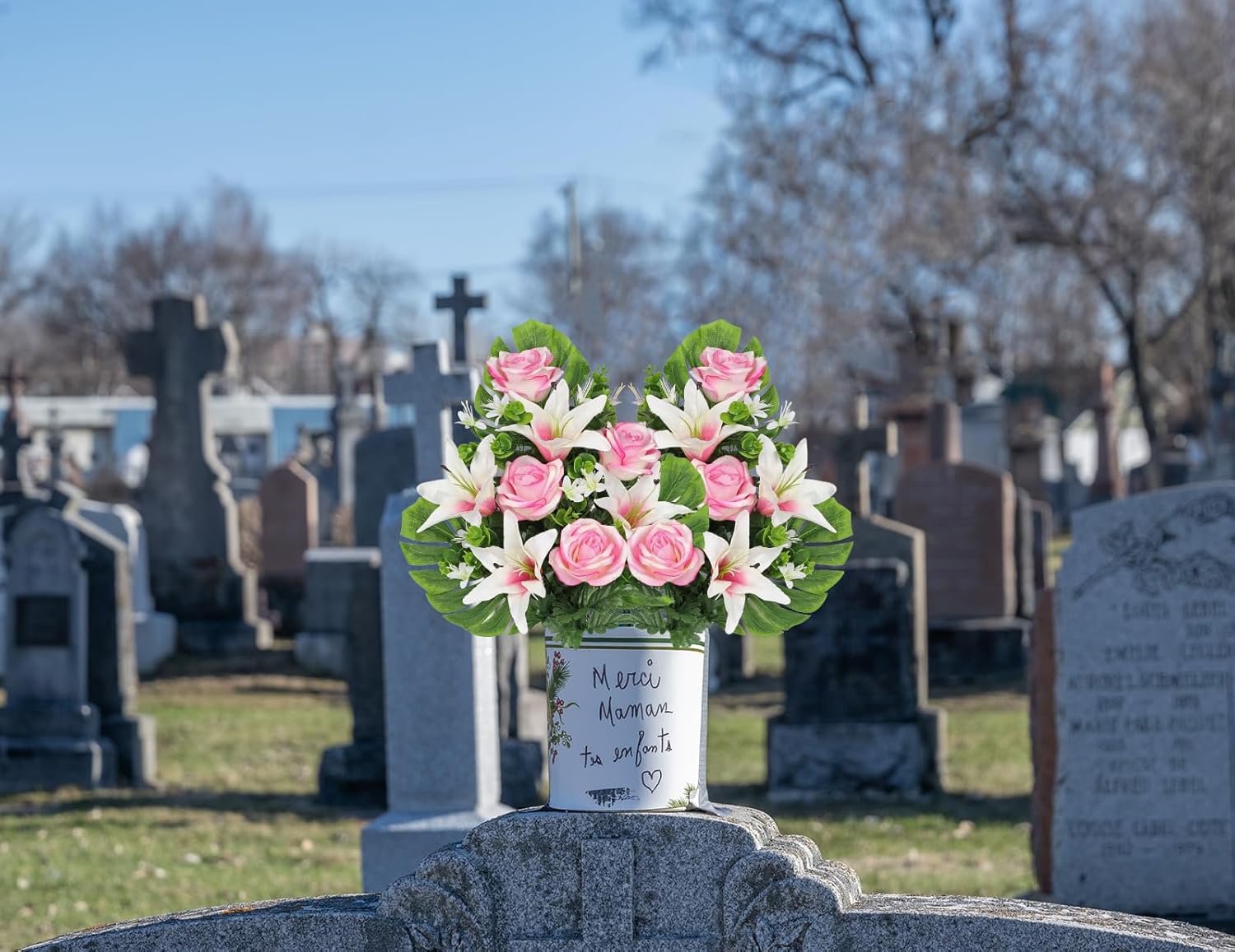 Hollyone 2 Set Artificial Cemetery Flowers for Grave, Silk Pink Fake Rose Lily Bouquet Floral Arrangement Flower Outdoor Graveyard Memorial Flowers for Cemetery Headstones Funeral Vase Decoration