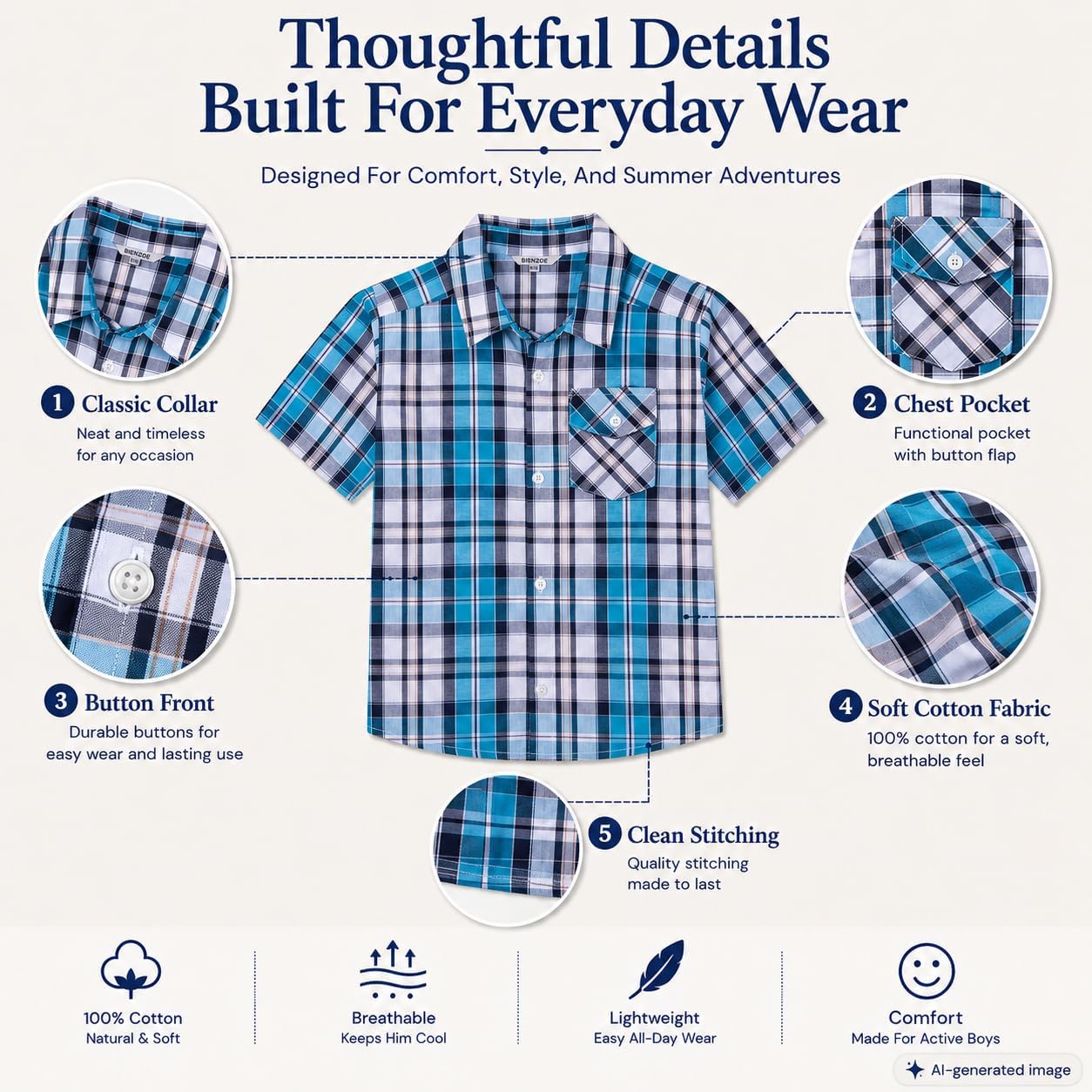 Bienzoe Boys Plaid Cotton Shirt: Button Down Tops