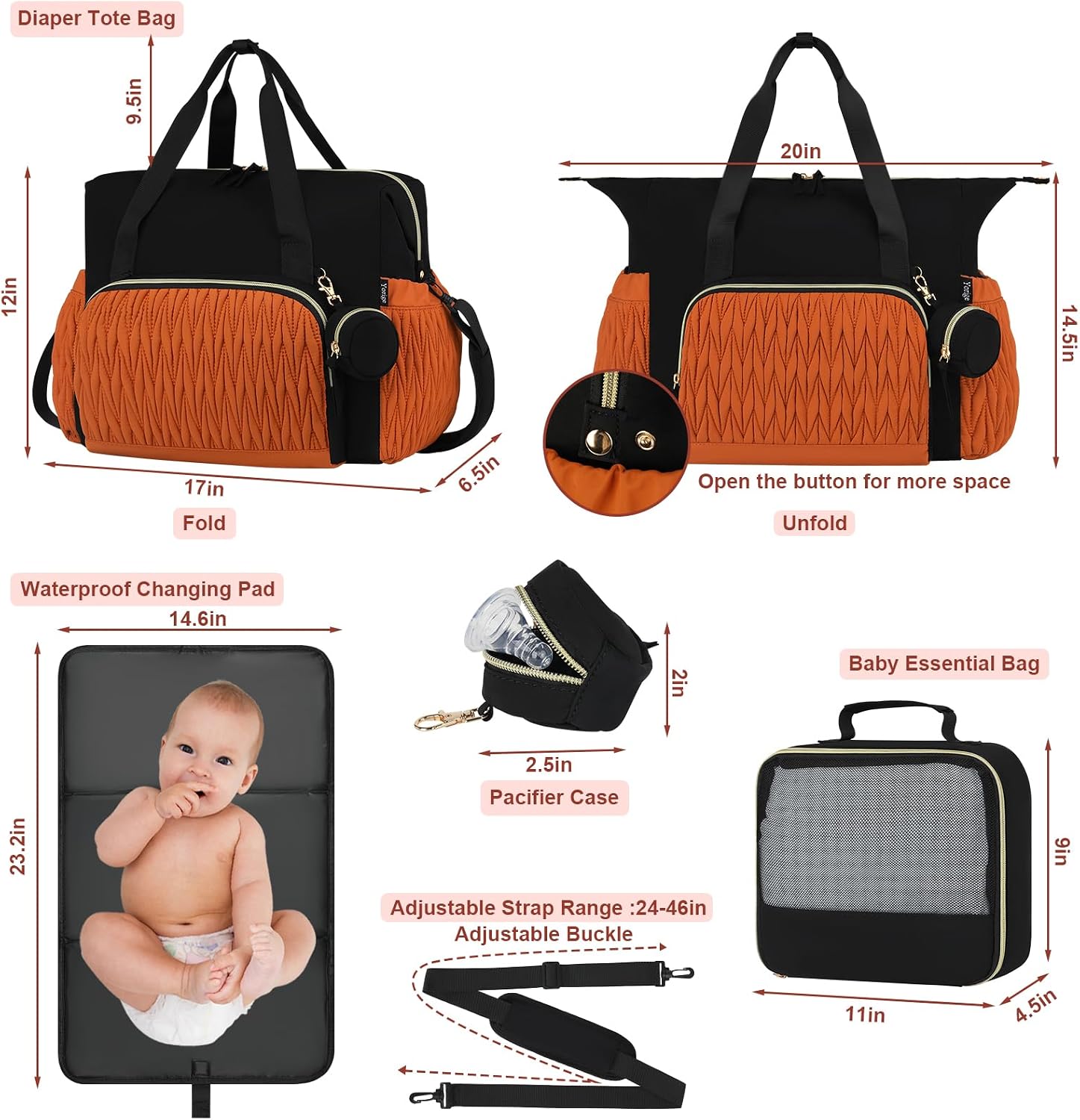 Yorige Diaper Tote Bag for Baby 6pcs, Large Mom Hospital Bags with Changing Pad Pacifier Case for Labor Delivery Boy Girl